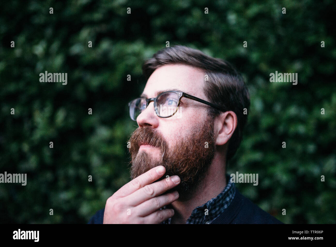 Riflessivo hipster con la mano sul mento che guarda lontano mentre indossa occhiali contro hedge Foto Stock
