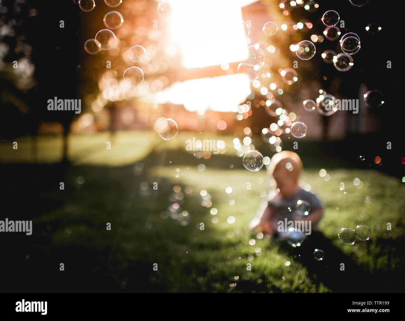 Baby boy giocando a back yard con bolle battenti in primo piano Foto Stock