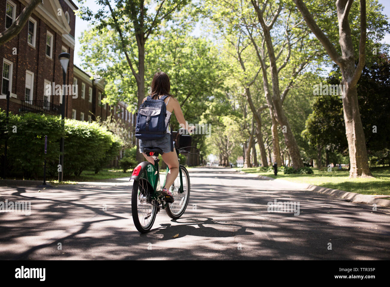 Vista posteriore della donna ciclismo su strada Foto Stock