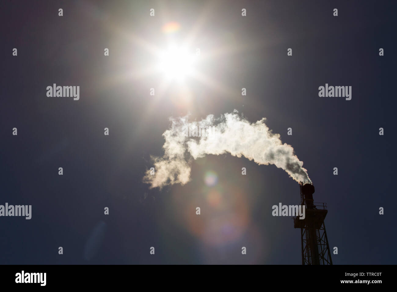 Basso angolo di visualizzazione ad emissione di fumo dalla ciminiera alla raffineria di petrolio durante la giornata di sole Foto Stock