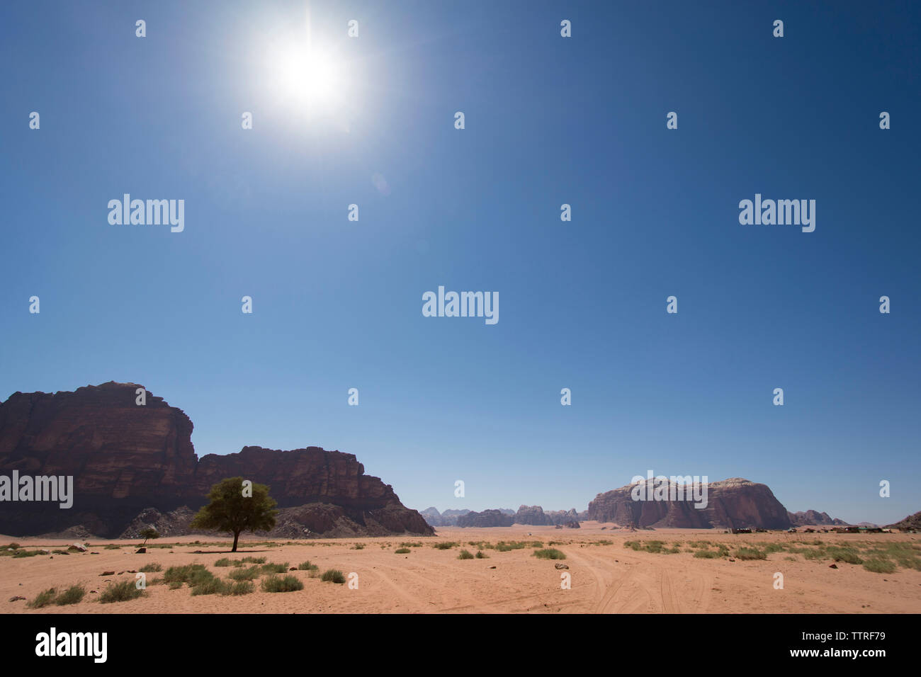 Vista panoramica del deserto contro il cielo blu chiaro Foto Stock