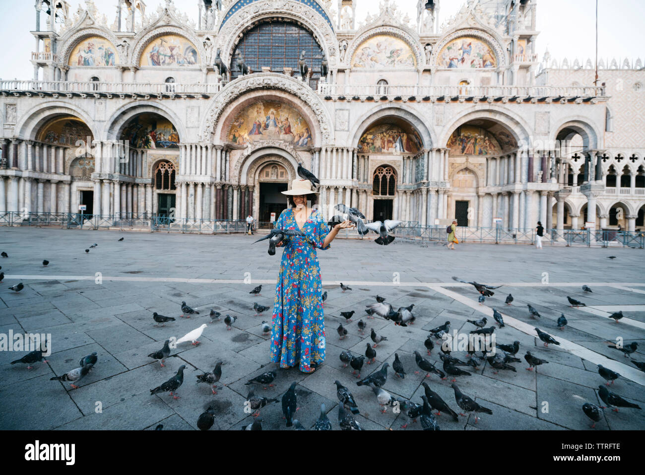 Tourist in piedi in mezzo a uccelli di palissonatura sul sentiero contro la Basilica di San Marco Foto Stock