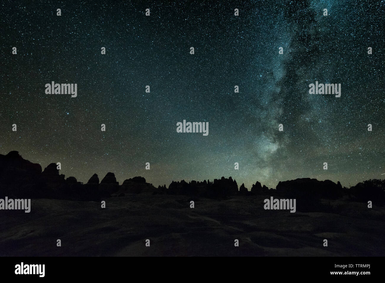 Paesaggio di Silhouette contro star campo di notte Foto Stock