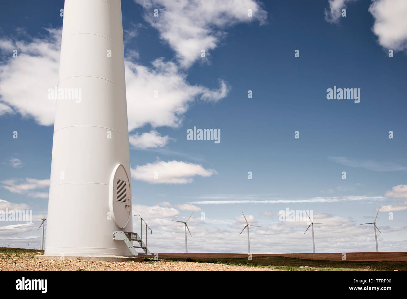 Le turbine eoliche sul campo contro il cielo blu Foto Stock