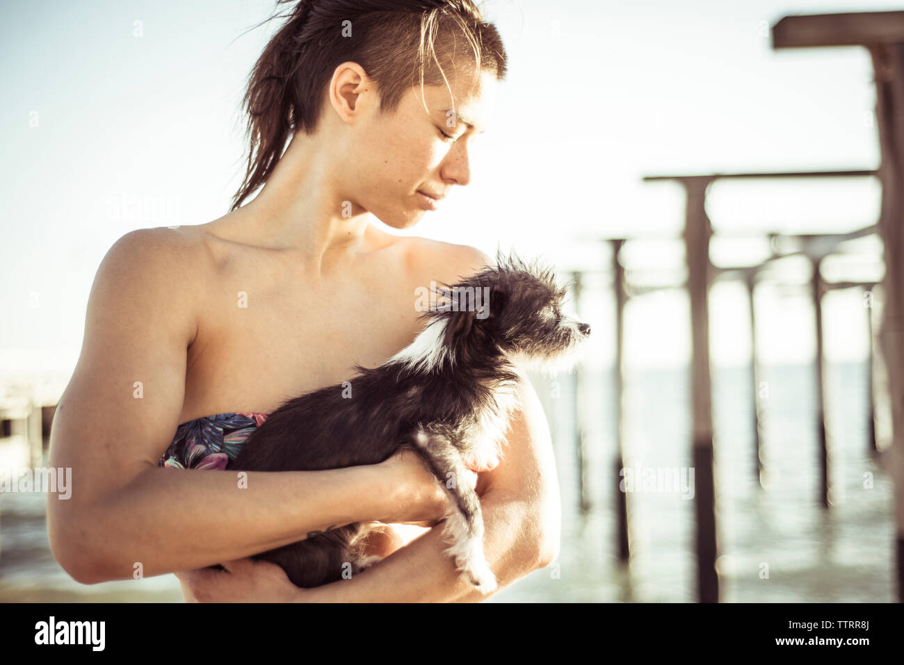 Donna in bikini che trasportano il cucciolo di spiaggia contro sky Foto Stock