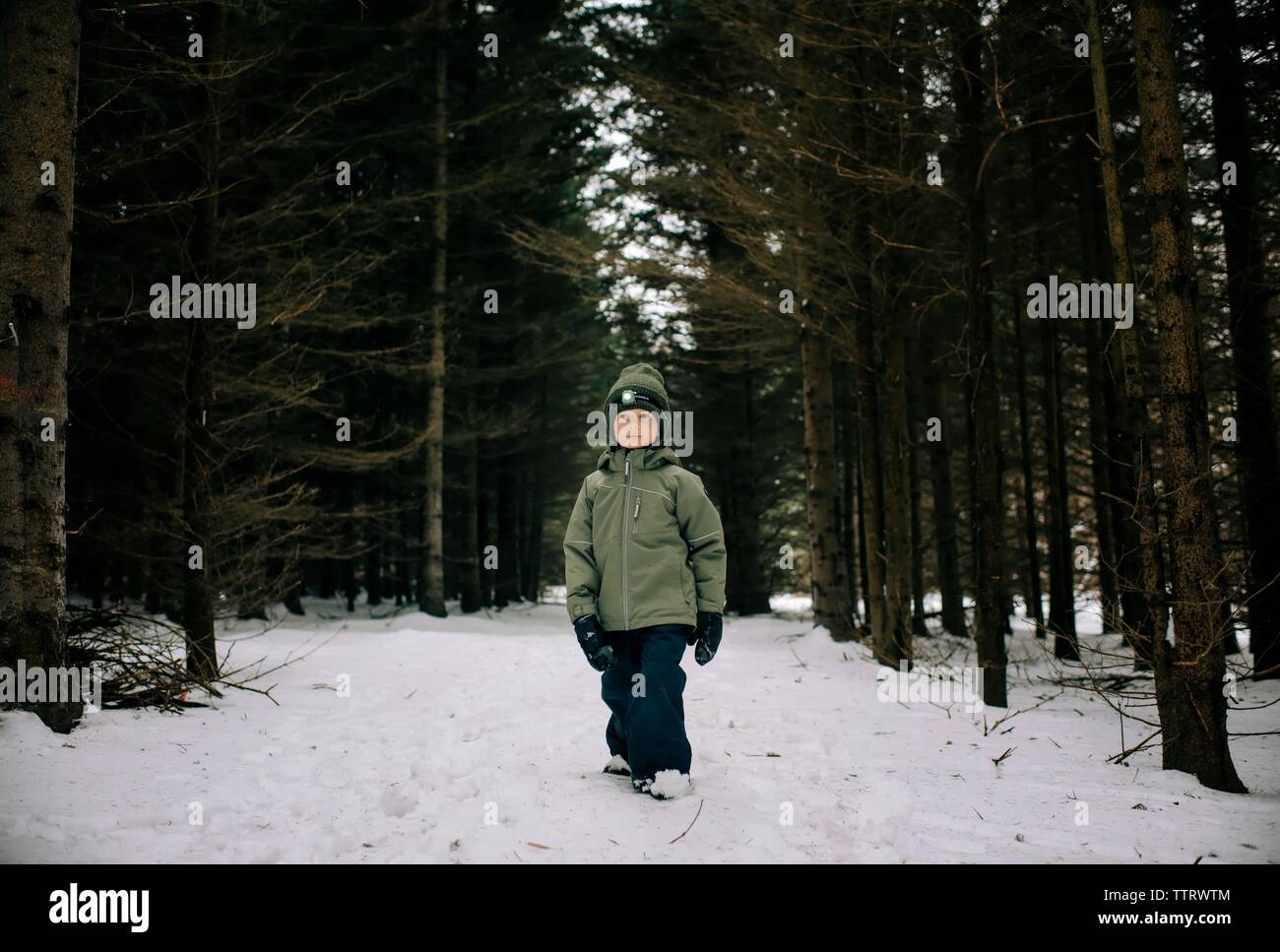 Giovane ragazzo in piedi nella foresta coperta di neve con la torcia da testa Foto Stock