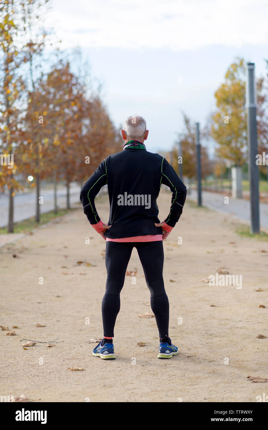Vista posteriore del senior uomo con le mani sui fianchi esercizio al parco durante l'autunno Foto Stock