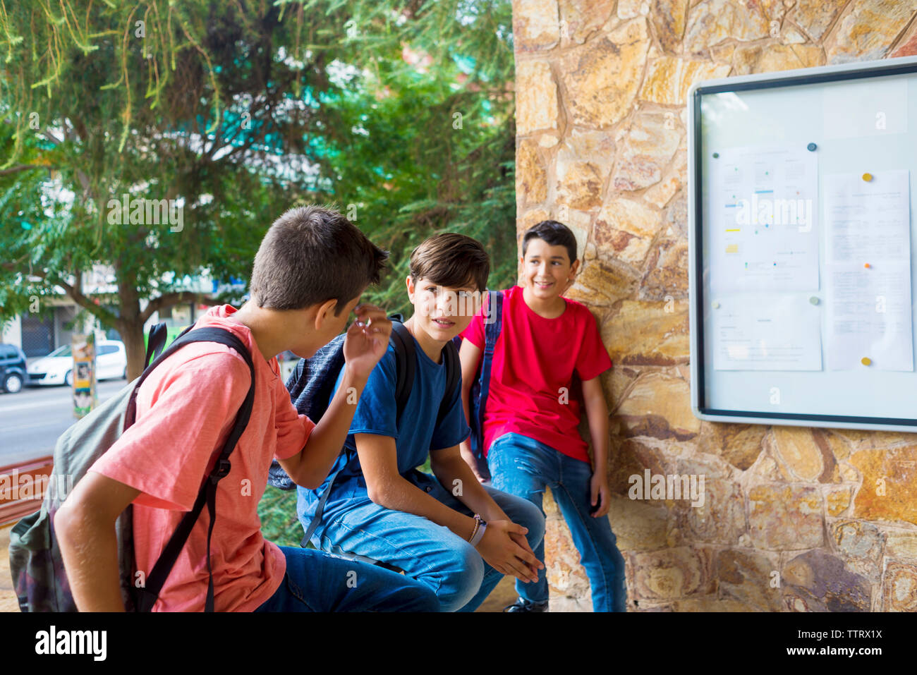Gli amici parlano seduti contro gli alberi in edificio scolastico Foto Stock