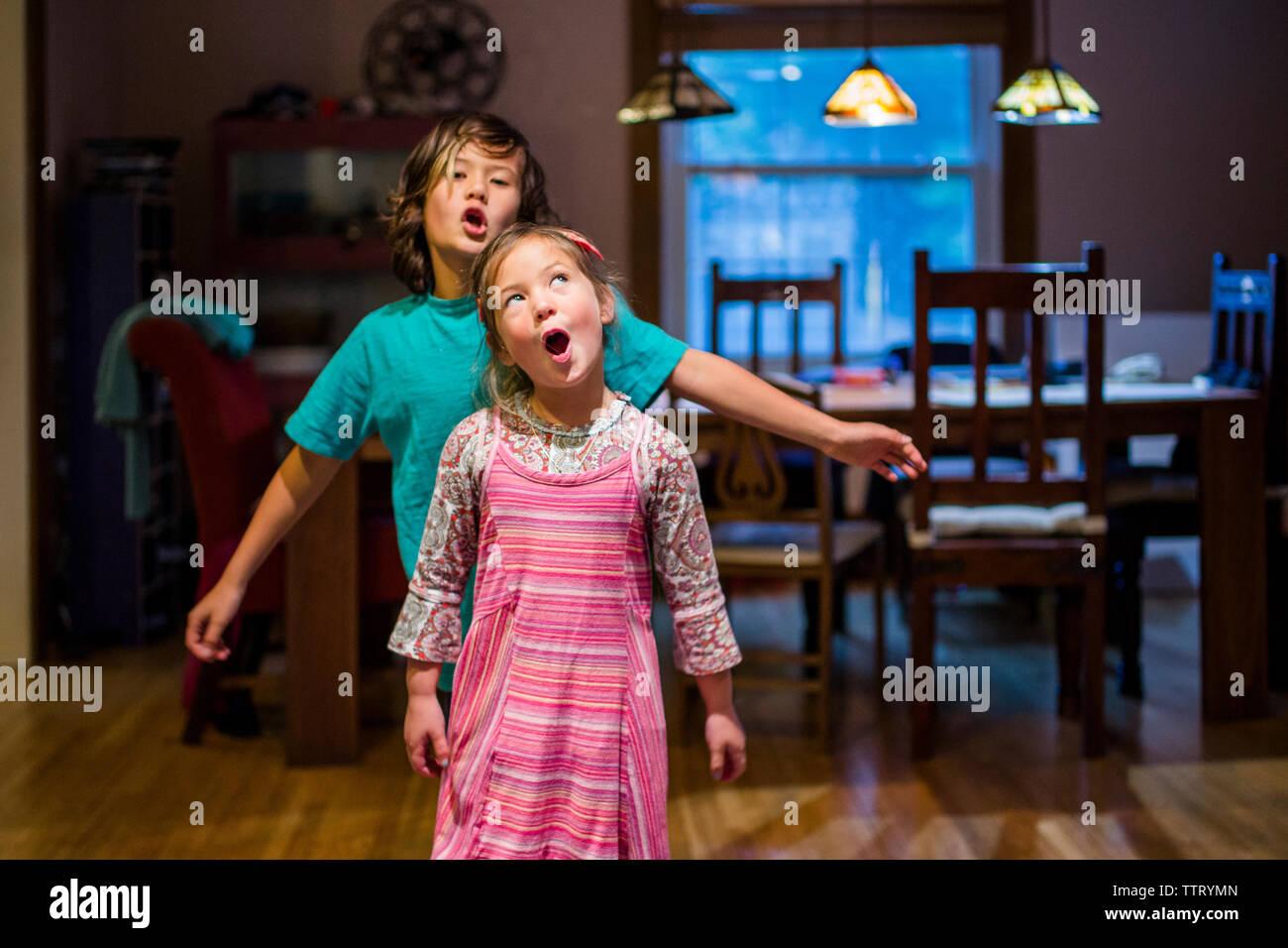 Un simpatico fratello e sorella di cantare insieme nella loro sala da pranzo Foto Stock