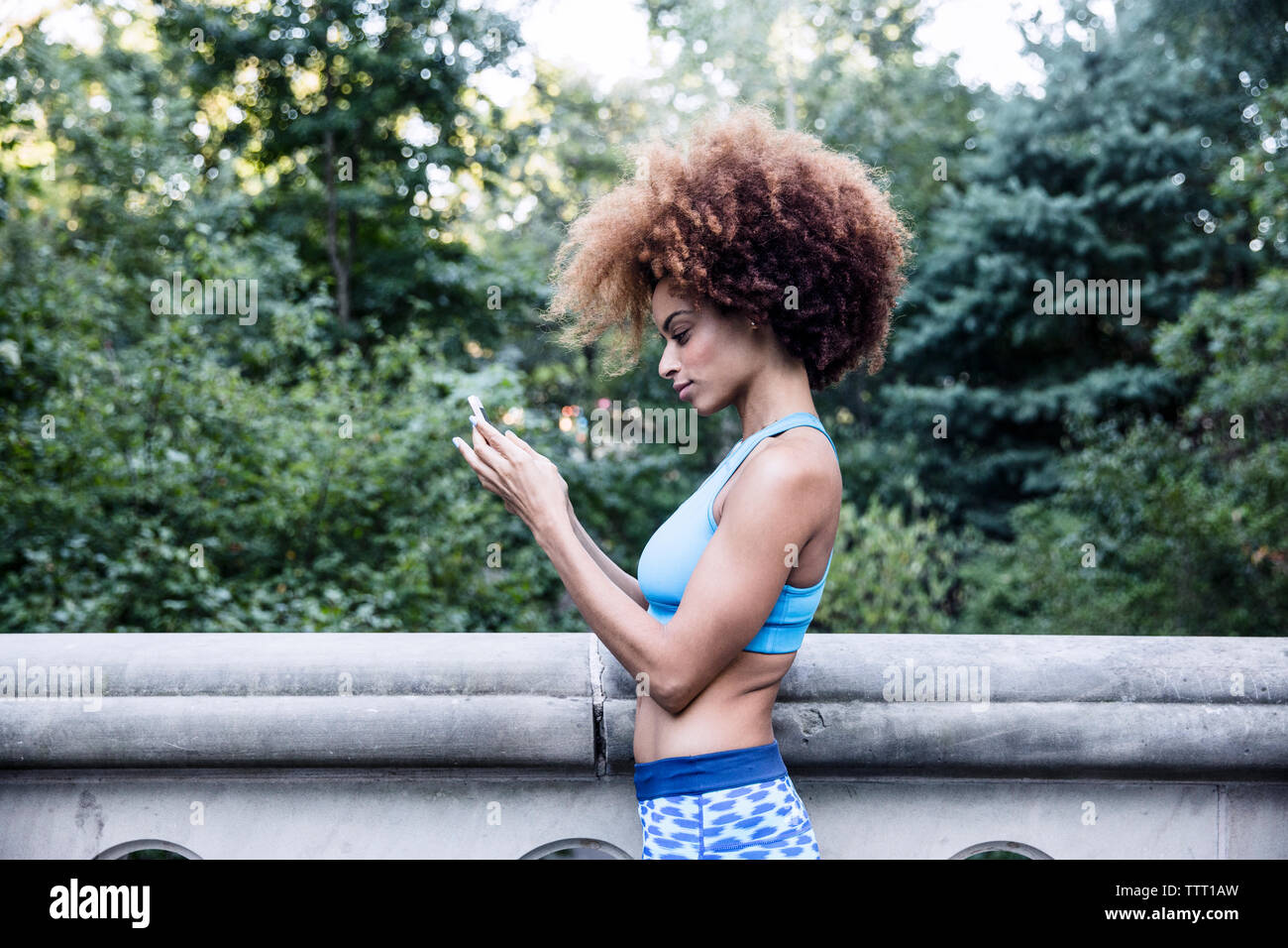 Donna che utilizza il cellulare mentre in piedi dalla ringhiera Foto Stock