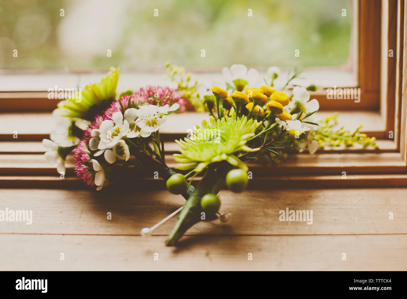 I fiori sul davanzale della finestra Foto Stock