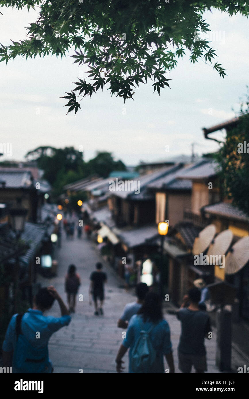 Il ramo più sfocato fuori le persone e le case di città Foto Stock