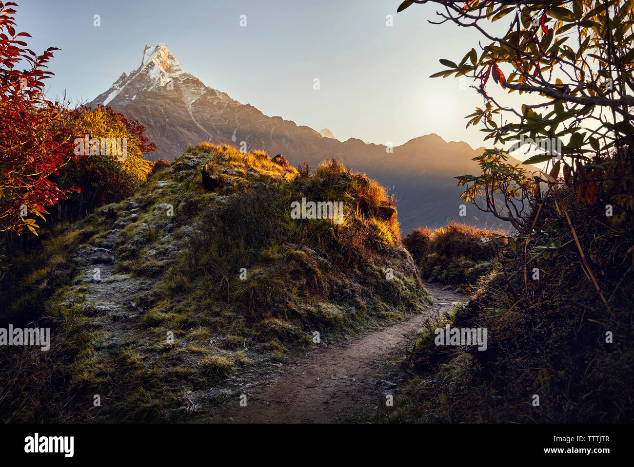 Vista panoramica delle montagne contro il cielo durante il sunrise a Mardi Himal trek Foto Stock