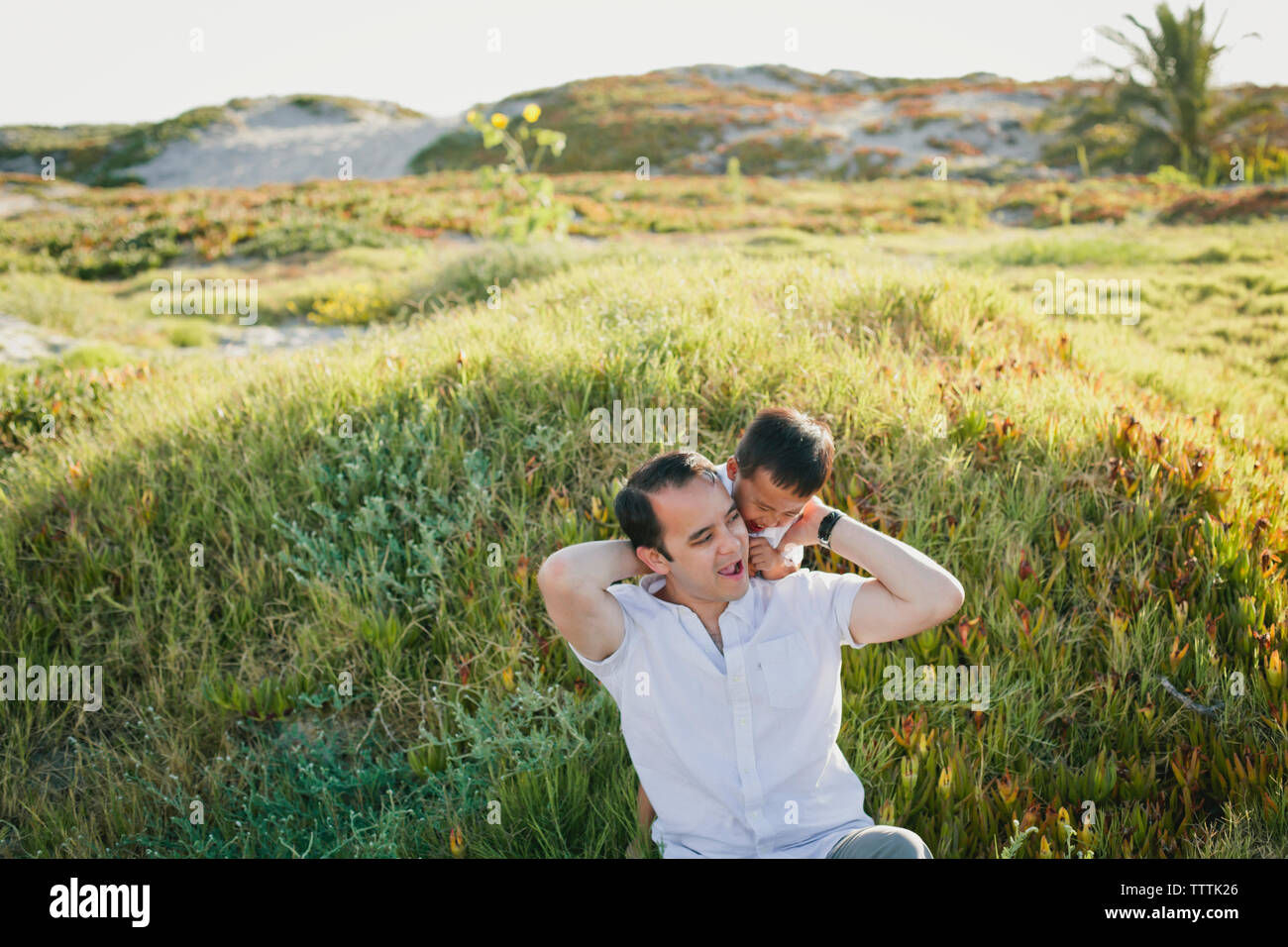 Famiglia giocoso godendo al parco sulla giornata di sole Foto Stock