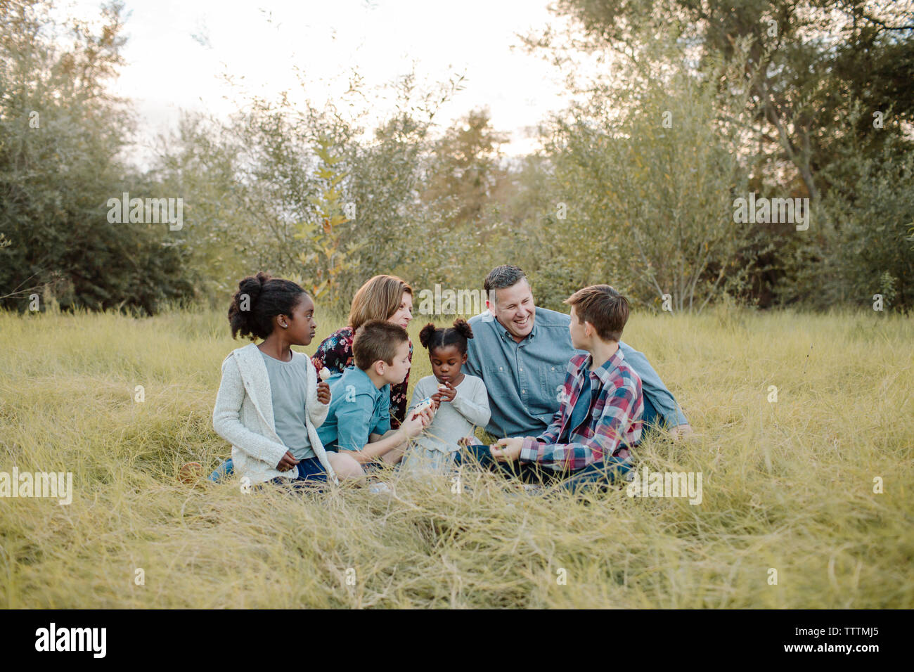 Famiglia seduta sul campo erboso a park durante il picnic Foto Stock