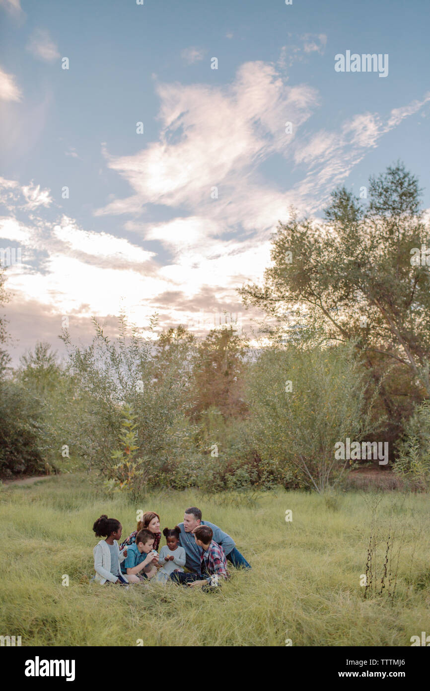 Famiglia seduta sul campo al parco contro sky Foto Stock