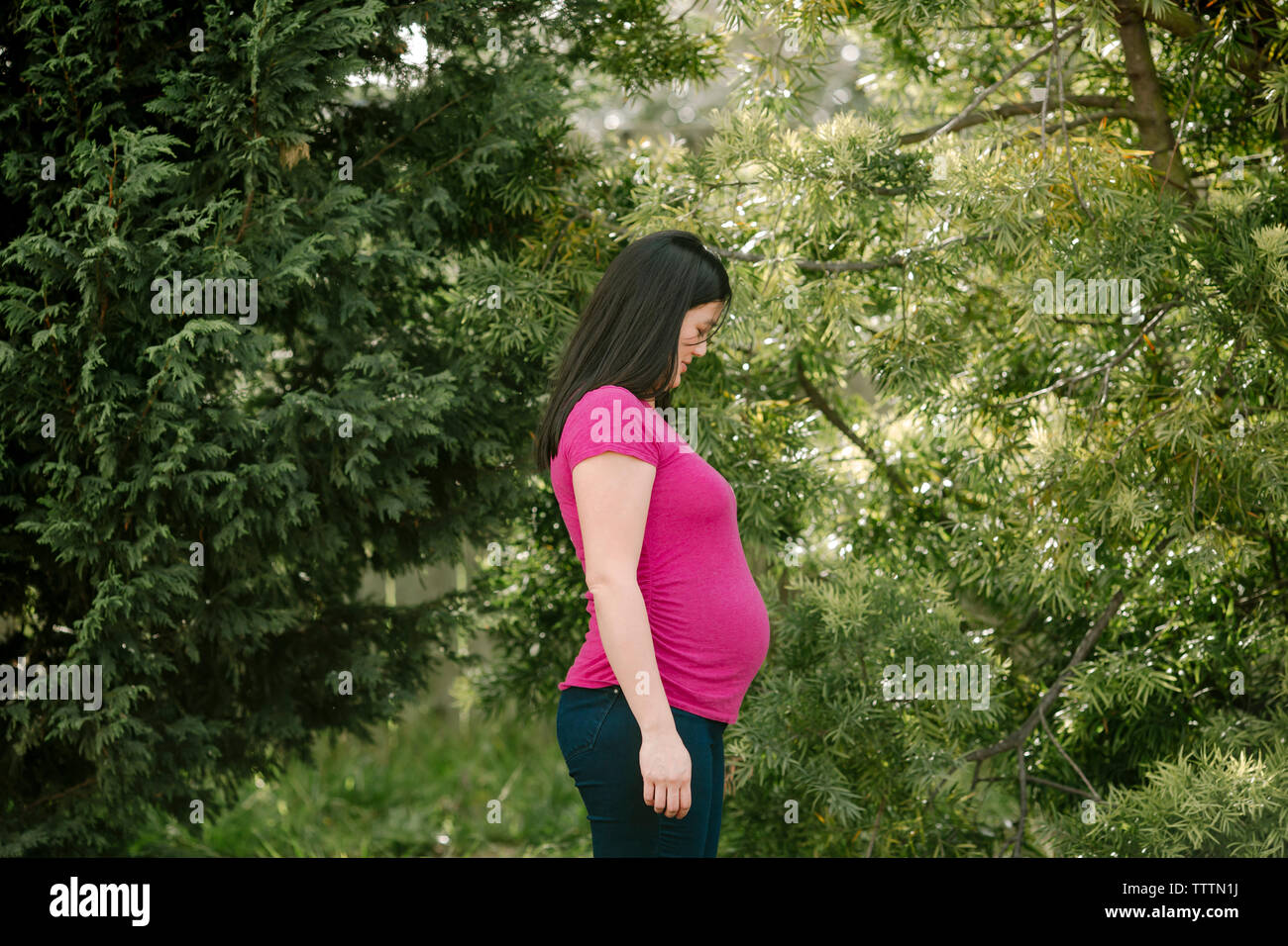 Vista laterale della donna incinta in piedi contro alberi in posizione di parcheggio Foto Stock