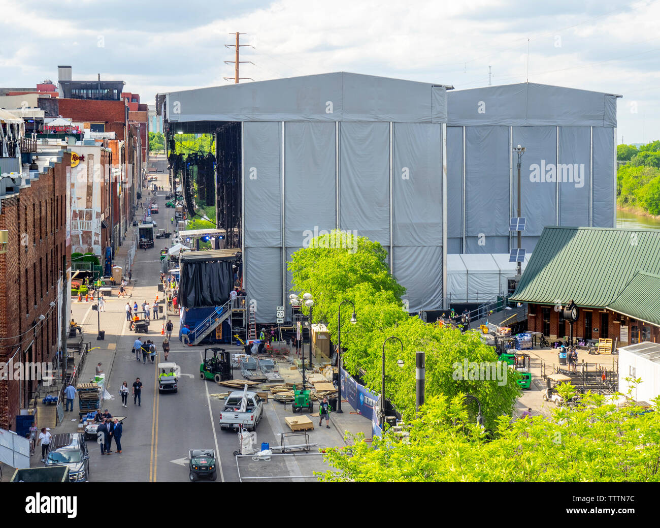 Stadio provvisorio istituito a Broadway e 1° Avenue per la cambiale di NFL 2019 Nashville Tennessee negli Stati Uniti. Foto Stock