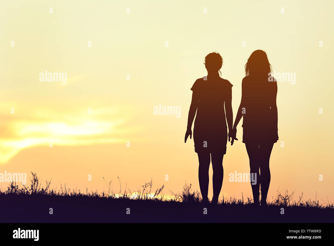 Silhouette di due ragazze divertente sul Cielo di tramonto sullo sfondo Foto Stock