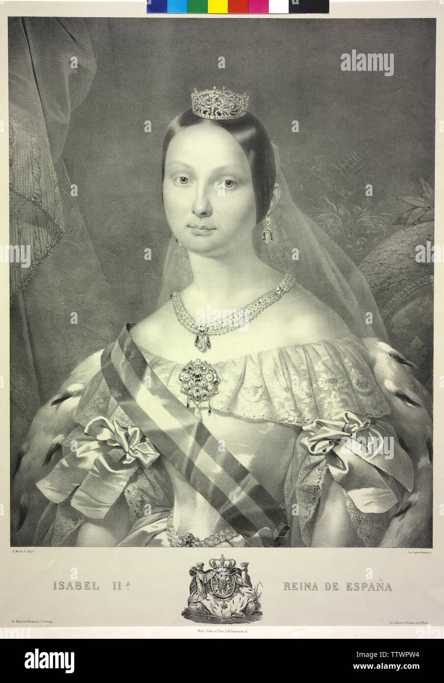Isabella II, regina di Spagna, litografia da Nicolas Eustache Maurin. stemma, Additional-Rights-Clearance-Info-Not-Available Foto Stock