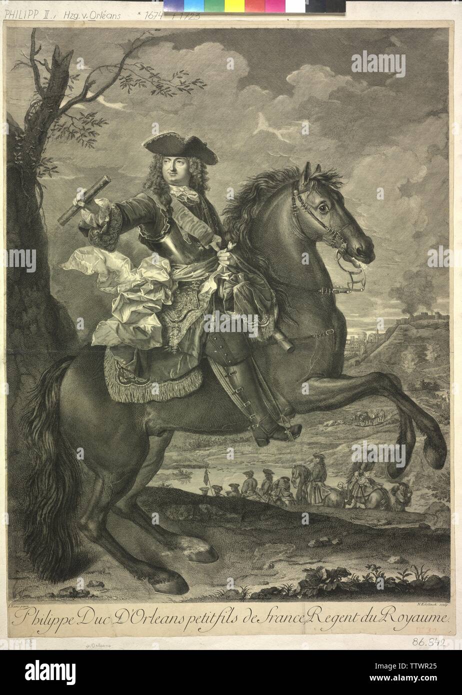 Philipp II, duca di France-Orleans, immagine equestre. incisione su rame da Nicolas Etienne Edelinck basato su un dipinto da Jean Ranc, Additional-Rights-Clearance-Info-Not-Available Foto Stock