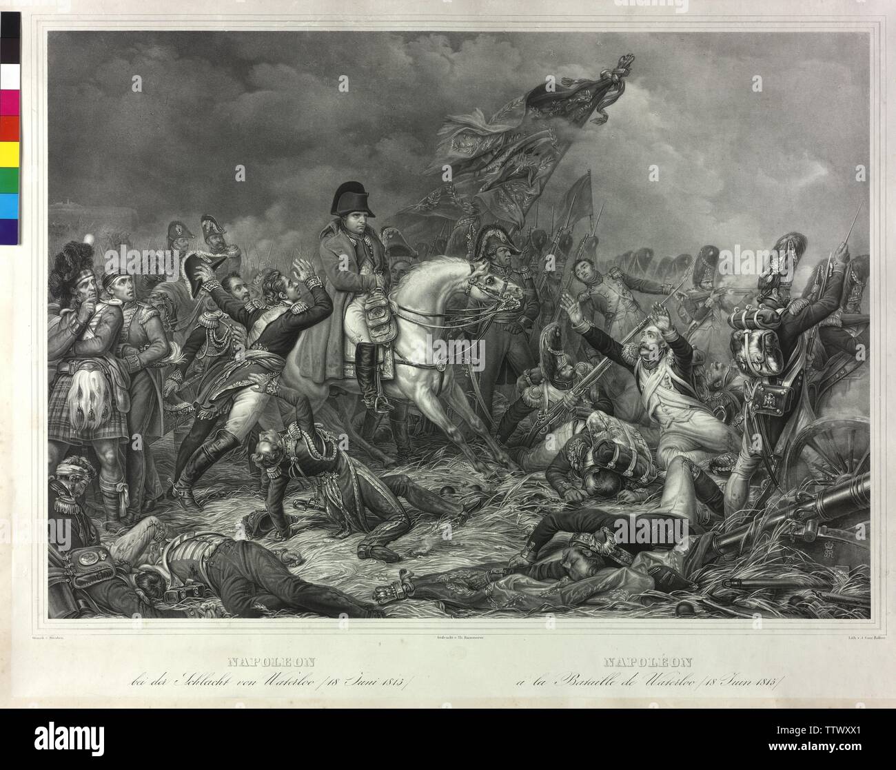 Napoleone alla battaglia di Waterloo, 18 giugno 1815, litografia da J. Konrad Bollter basato su un dipinto di Karl von Steuben, Additional-Rights-Clearance-Info-Not-Available Foto Stock