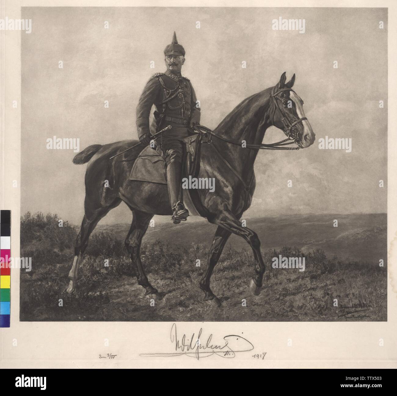 L'imperatore Guglielmo II sul cavallo, immagine equestre, nel campo grigio fotoincisione uniforme basato sulla pittura di Richard Benno Adam da 1915 / 16, con originale autografo dell'imperatore dal 1917, l'artista del diritto d'autore non deve essere cancellata Foto Stock
