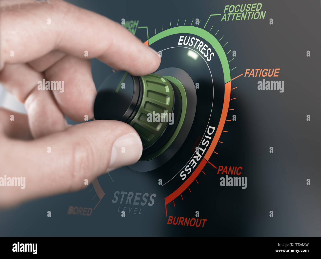 Mano ruotando un interruttore per gestire il livello di stress e di impostazione di eustress invece di angoscia. Composite tra una fotografia e una 3D sfondo. Foto Stock