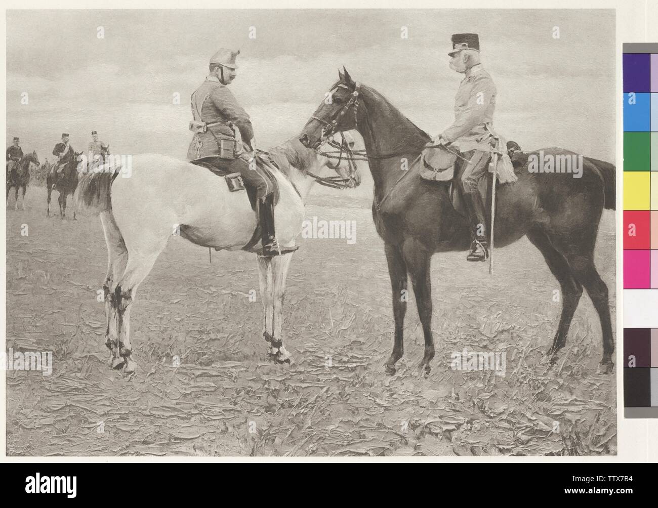 L'imperatore Franz Joseph I e l'Imperatore Guglielmo II sul campo di manovra in Totis, 12.9.1891: manovra della quarta e quinta corps in camera von Totis (Tata, Ungheria), l'Imperatore Franz Joseph I e Guglielmo II a cavallo la fotoincisione basato sulla pittura da Felician Barone von Myrbach, firmato "ch' dalla valigetta: 'Kaiserbilder', Istituto letterario cosmo, Vienna-Leipzig-Budapest (valigetta con 28 heliogravures basato su dipinti), Additional-Rights-Clearance-Info-Not-Available Foto Stock
