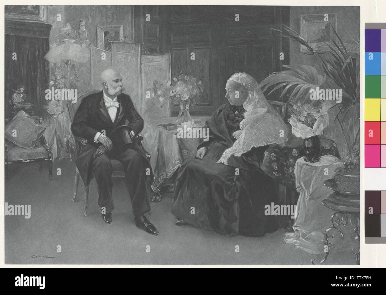 Visitazione dell'Imperatore Franz Joseph I presso la Queen Victoria di Inghilterra in Hotel du Cimiez a Nizza, nel corso del suo inhabitancy sul Cap Martin da 24,2 - 15.3.1896 visitando l'Imperatore Franz Joseph su 5.3.1896 Queen Victoria in Hotel du Cimiez a Nizza. L'imperatore Franz Joseph in abiti civili la fotoincisione basato sulla pittura di Wilhelm Gause dalla valigetta: 'Kaiserbilder', Istituto letterario cosmo, Vienna-Leipzig-Budapest (valigetta con 28 heliogravures basato su dipinti), Additional-Rights-Clearance-Info-Not-Available Foto Stock