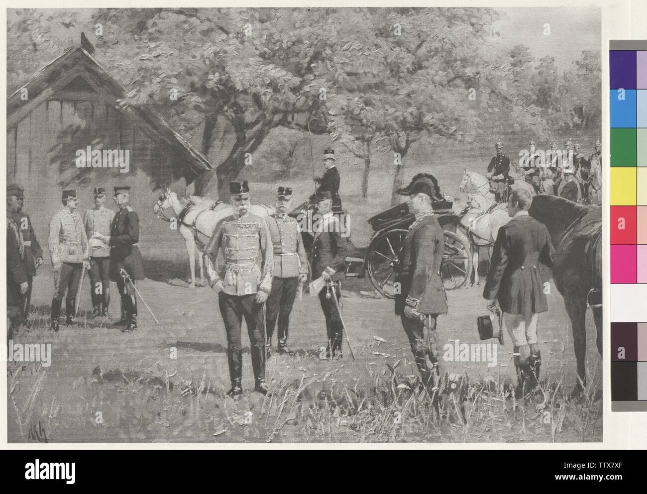 L'imperatore Franz Joseph I e l'Imperatore Guglielmo II sul Rendezvousplatz (Rendezvous Square) in Totis, manovra in Totis (Tata, Ungheria) 12.9.1891, l'Imperatore Franz Joseph in uniforme di un maresciallo di campo in ungherese, regolazione uniforme, imperatore Wilhelm analogamente in uniforme austriaca. Inoltre sono il cocchiere personale Joseph Walter e la vita delle guardie della cavalleria Adolf Lechartier rappresentata la fotoincisione basato sulla pittura da Flelcian Barone von Myrbach, firmato "ch', dalla valigetta: 'Kaiserbilder', Istituto letterario cosmo, Vienna-Leipzig-Budapest (b, Additional-Rights-Clearance-Info-Not-Available Foto Stock