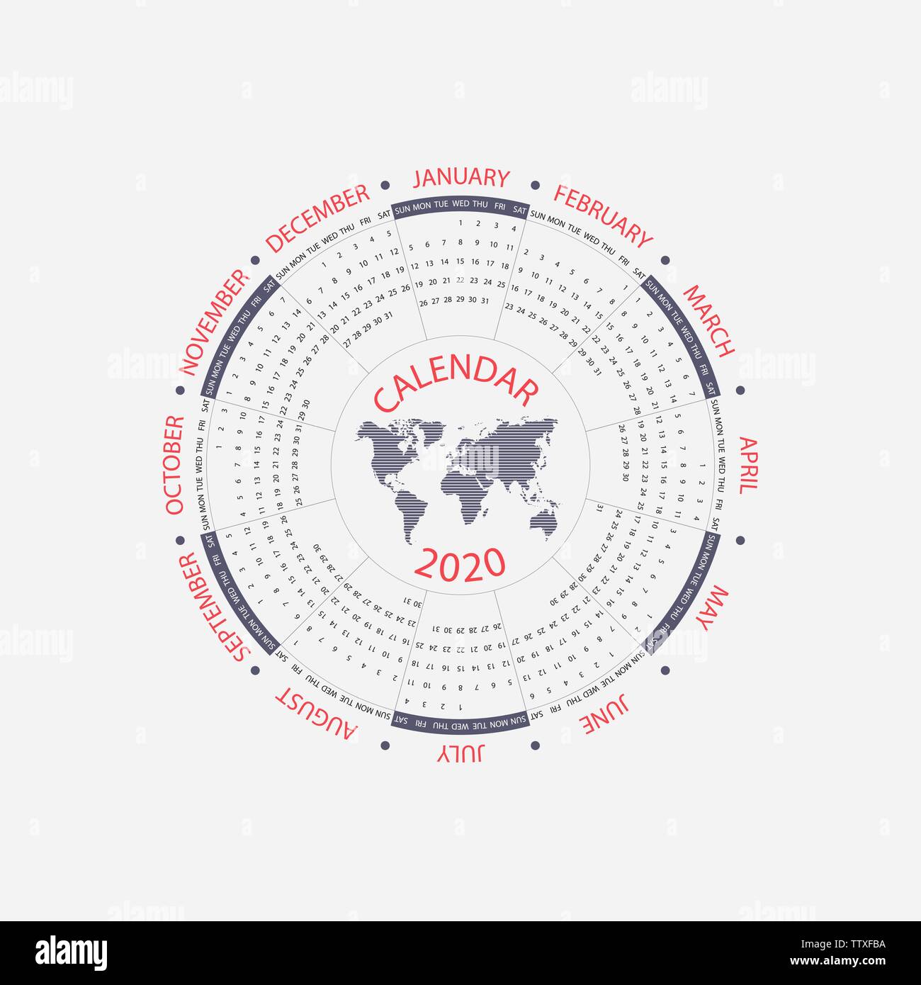 2020 Calendario modello.Cerchio calendario modello.Il Calendario 2020 Set di dodici mesi.inizia da domenica.calendario annuale vector design modello di cancelleria.Ve Illustrazione Vettoriale