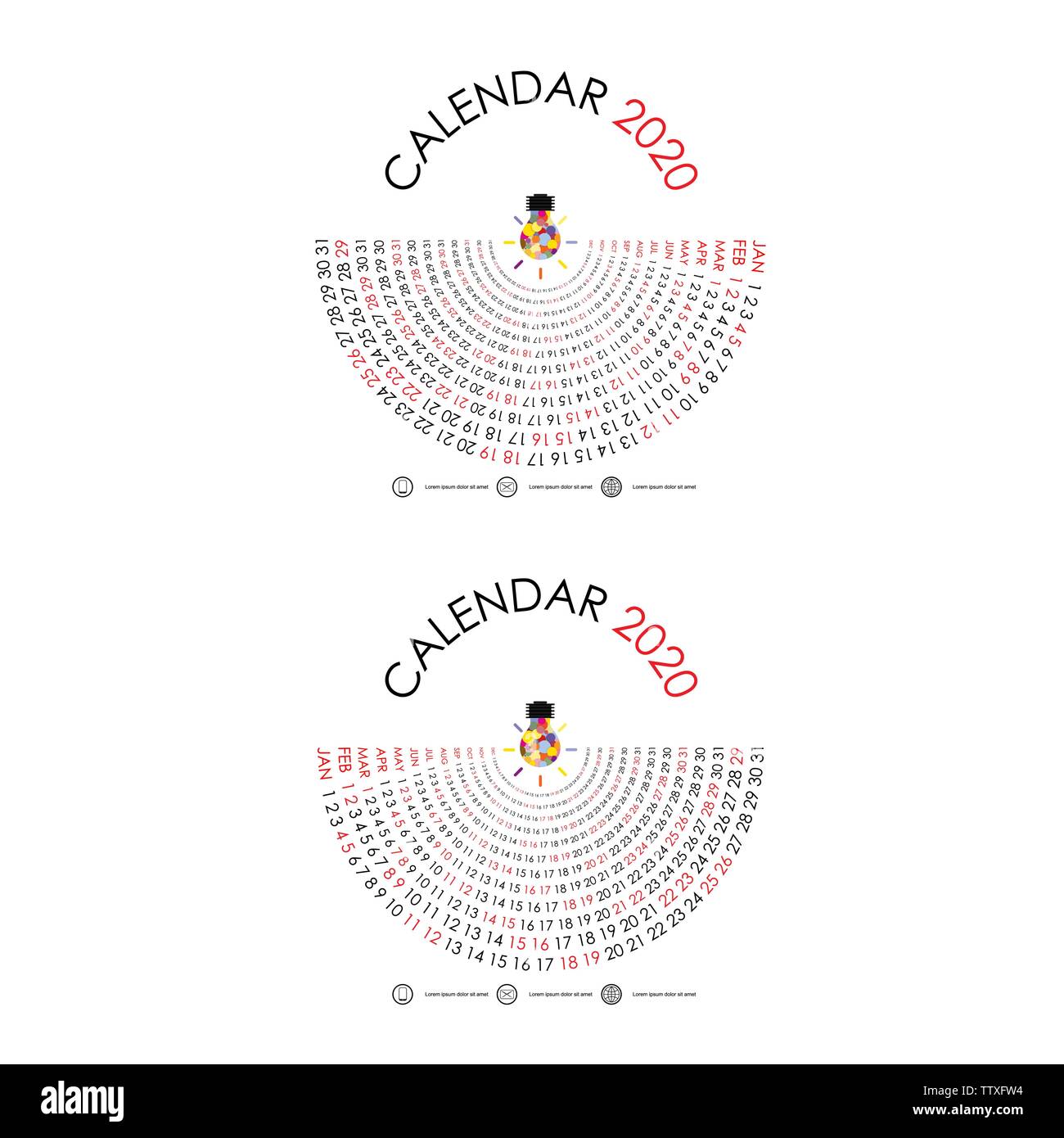 2020 Calendario modello con idea Icona lampadina.semicerchio calendario.Il Calendario 2020 Set di dodici mesi.calendario annuale vector design modello di cancelleria. Illustrazione Vettoriale