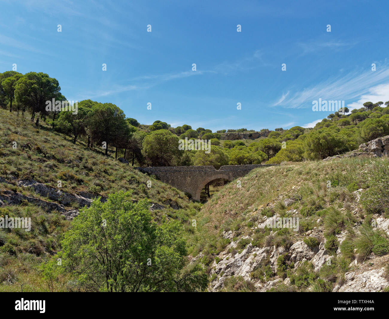 Un antica pietra ponte stradale a cavallo di una piccola facciata ripida Valle nella regione andalusa della Spagna vicino a Antequera. Spagna. Foto Stock
