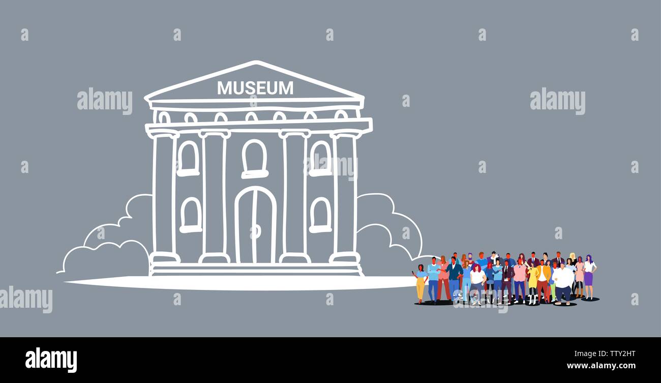 La folla di persone in visita museo uomini donne gruppo di turisti camminare insieme popolare destinazione turistica piena lunghezza schizzo doodle orizzontale Illustrazione Vettoriale