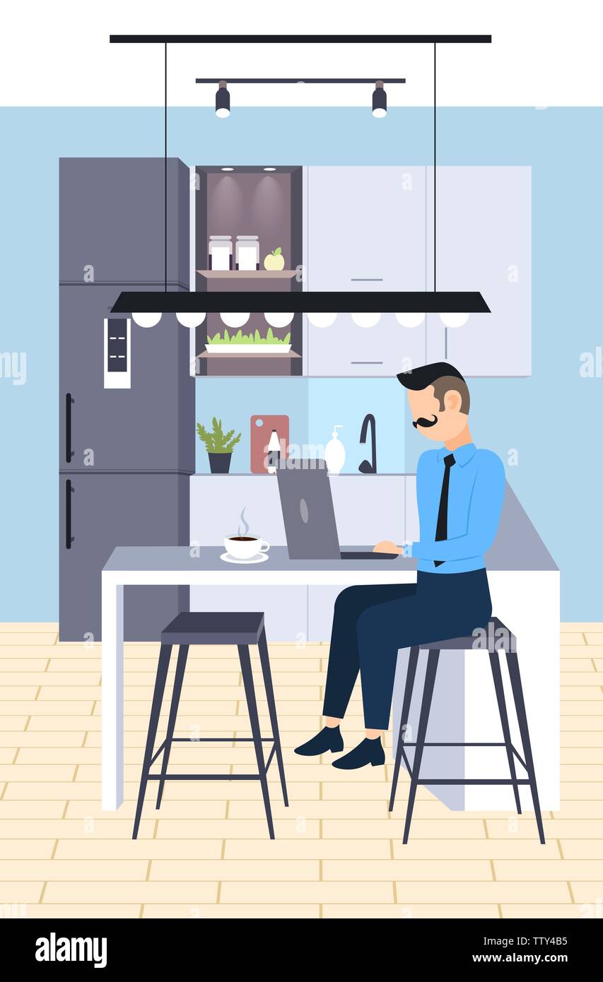 Imprenditore seduto alla scrivania sul posto di lavoro business man freelancer utilizzando notebook Processo di lavoro nozione moderna cucina piana interna piena lunghezza verticale Illustrazione Vettoriale
