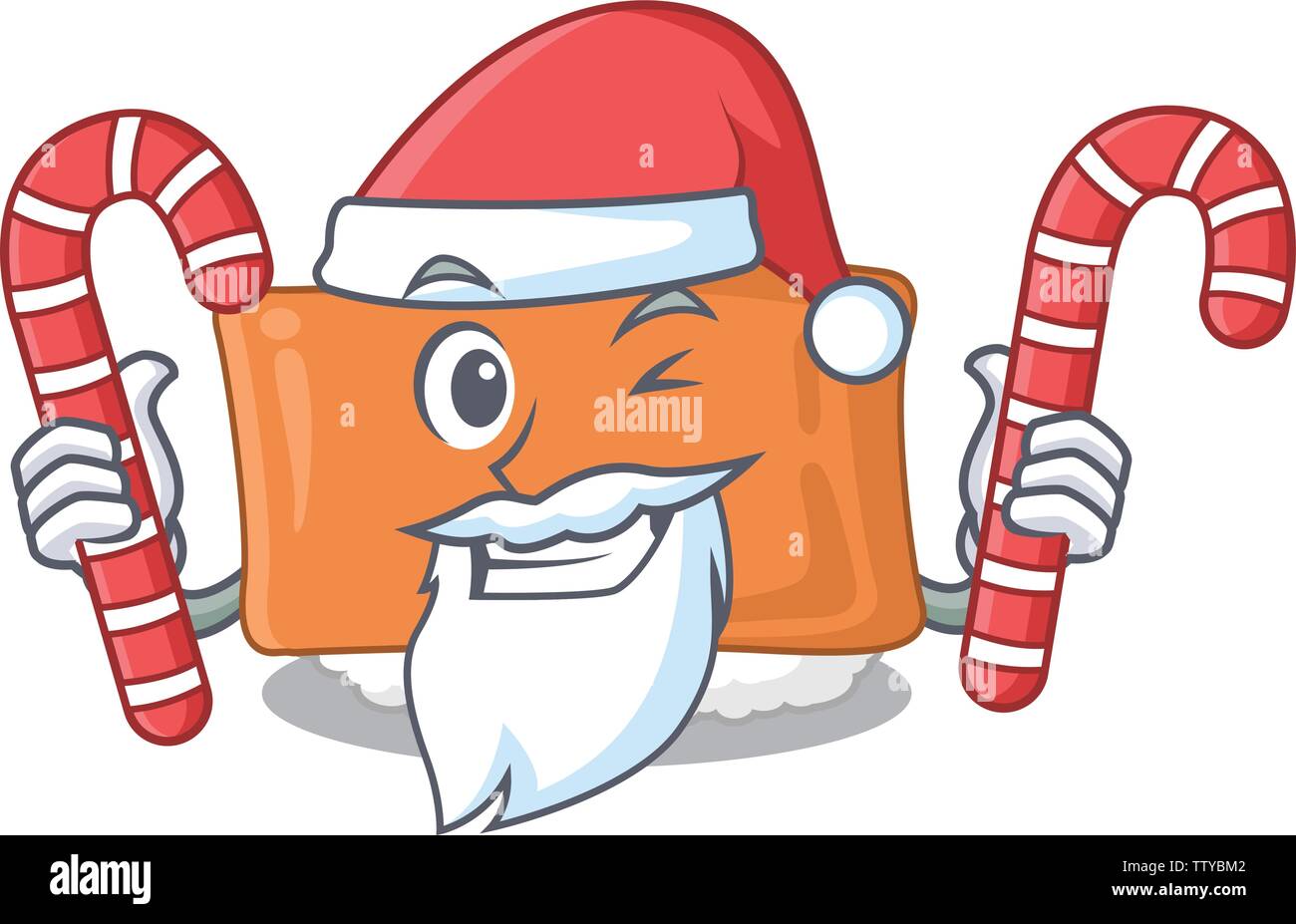 Santa con la caramella inari sushi isolato con la mascotte Illustrazione Vettoriale