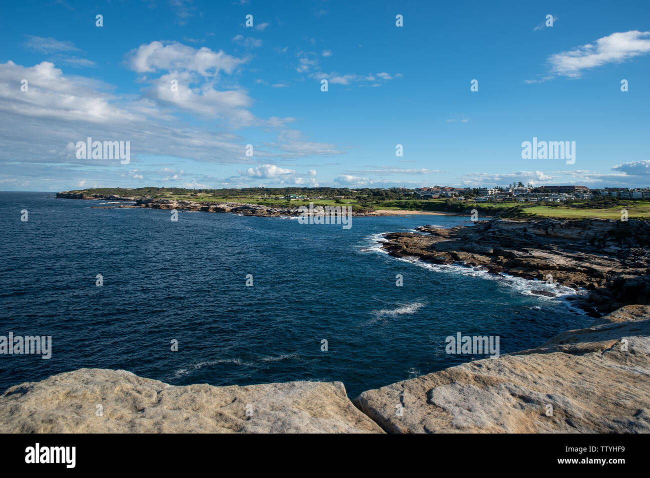 Ampio angolo di bella Little Bay beach e della linea costiera , Sydney Foto Stock