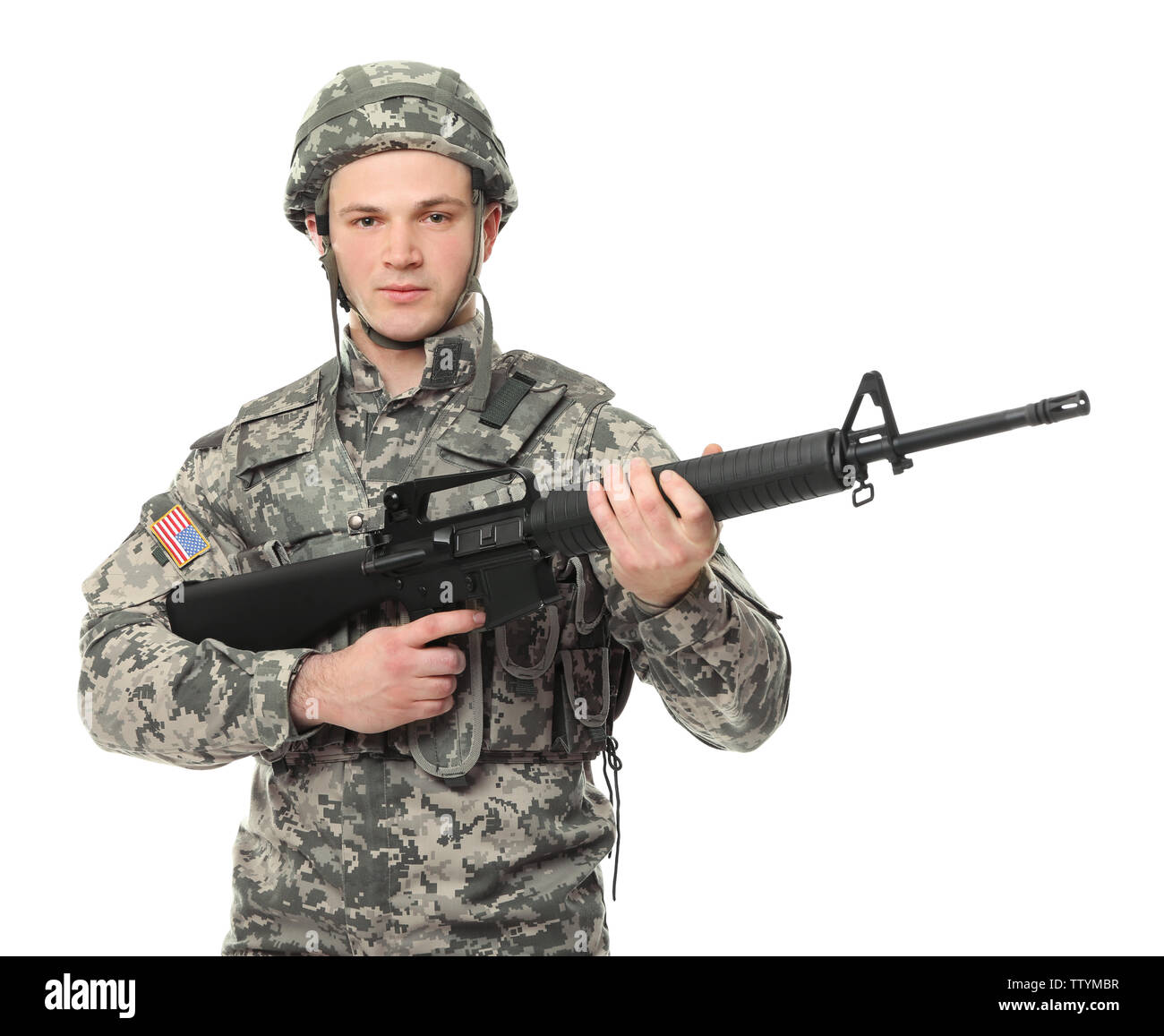 Soldato con assault riffle su sfondo bianco Foto Stock