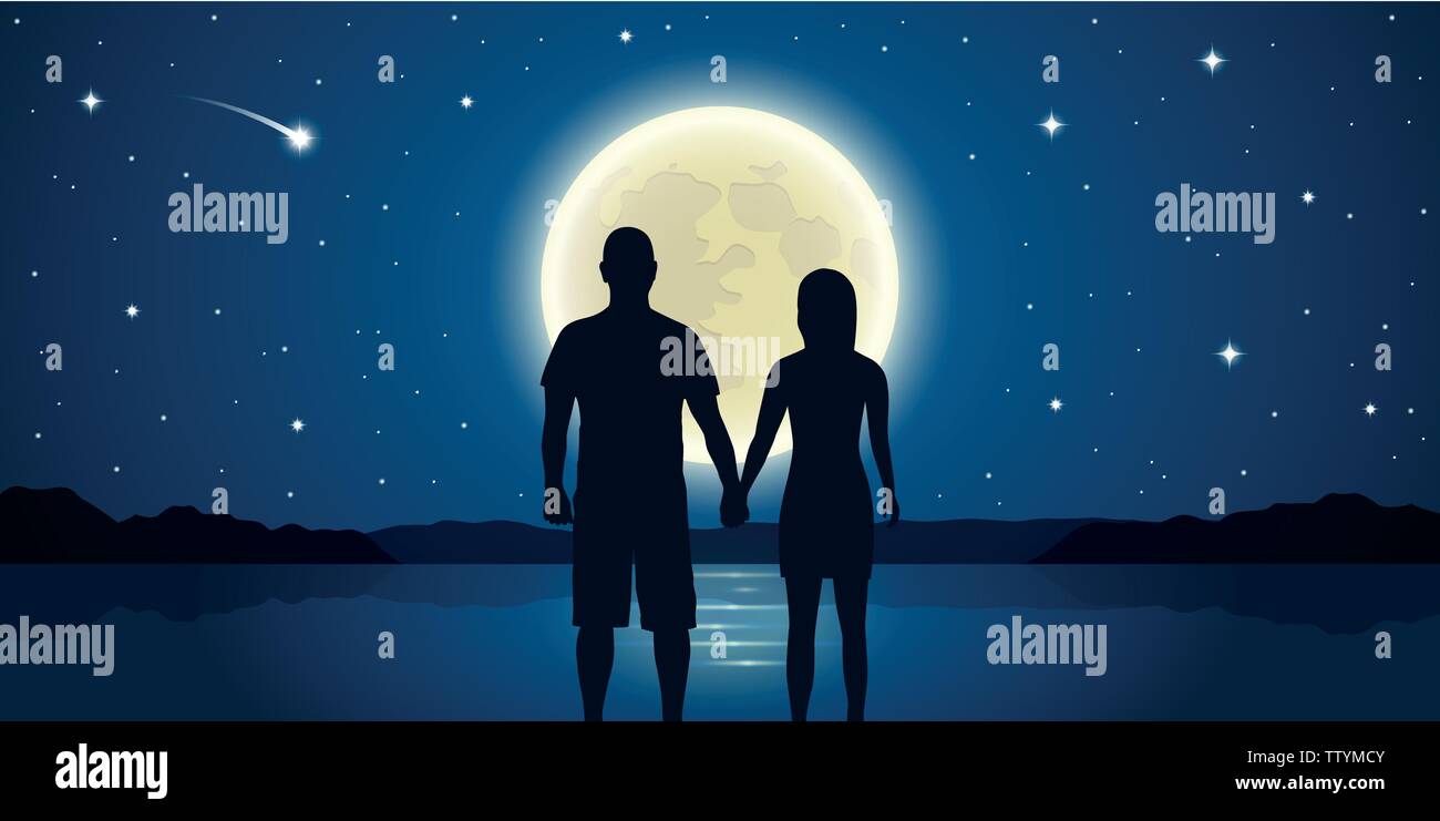 Notte romantica giovane in amore al mare con la luna piena e stelle cadenti illustrazione vettoriale EPS10 Illustrazione Vettoriale