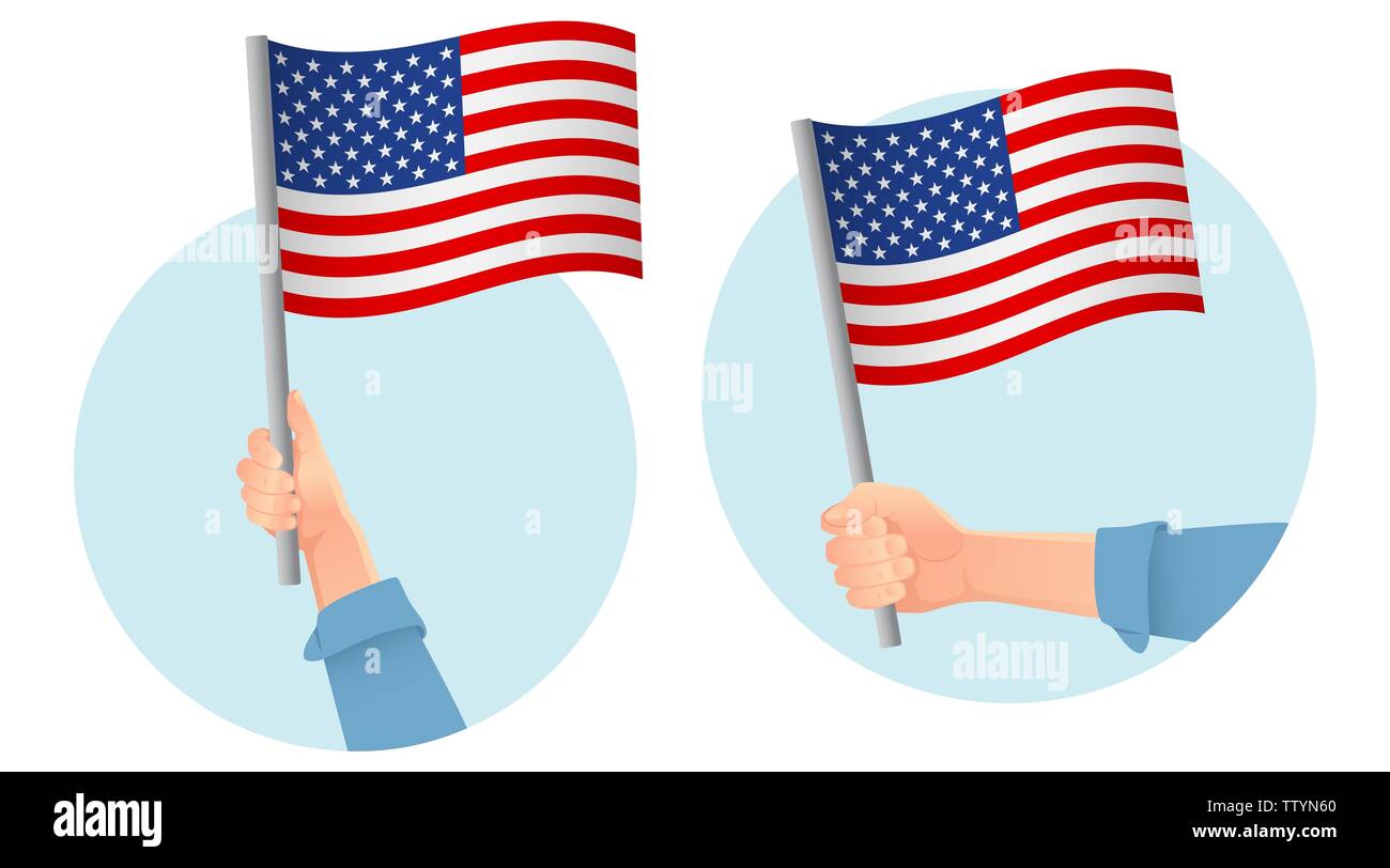 Stati Uniti d'America bandiera in mano. Sfondo patriottico. Bandiera nazionale degli Stati Uniti d'America illustrazione Foto Stock