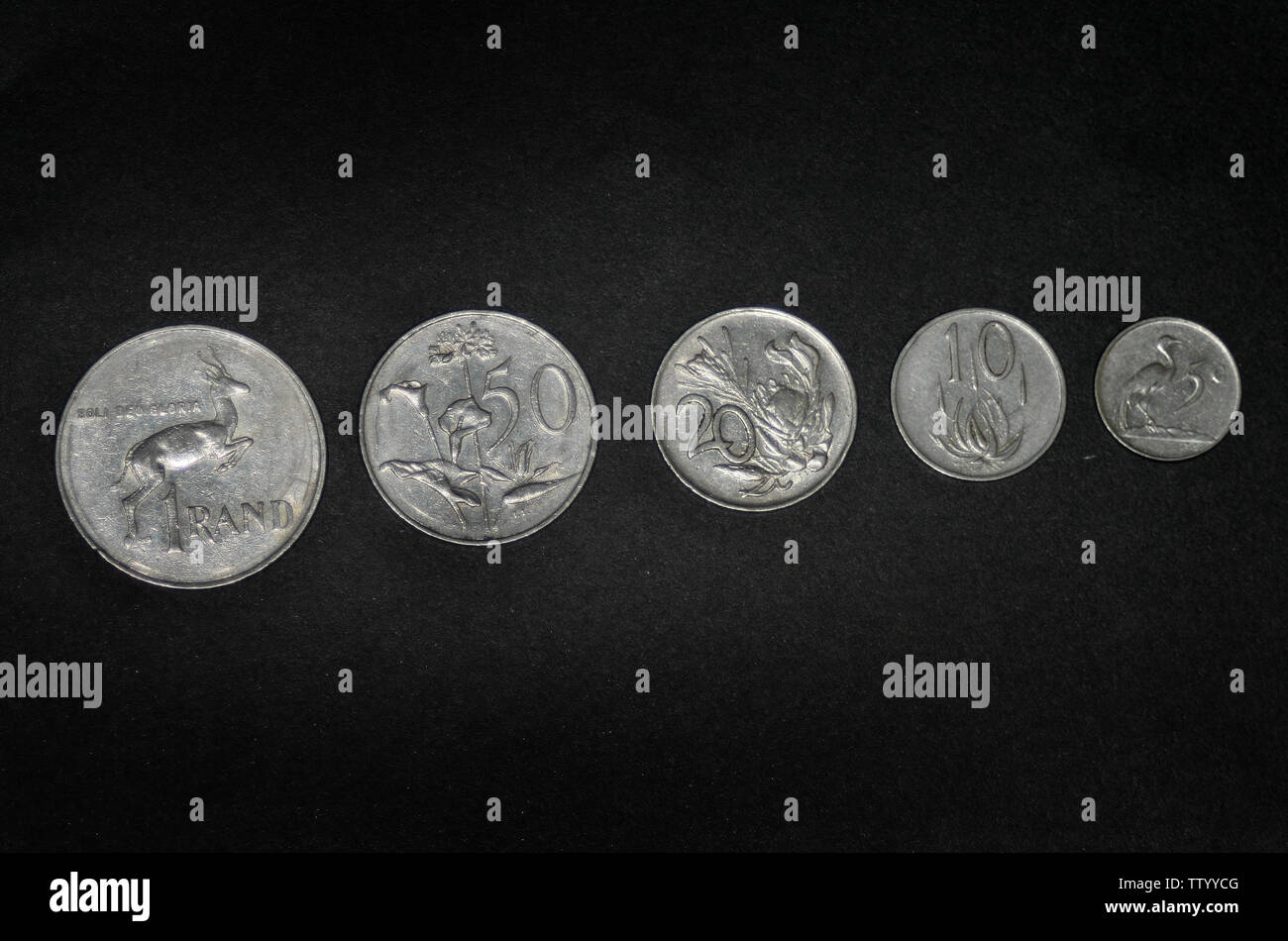 Sud Africa 1 Rand, 50 cent, 20 cent, 10 cent e 5 cent, 1976 Foto Stock