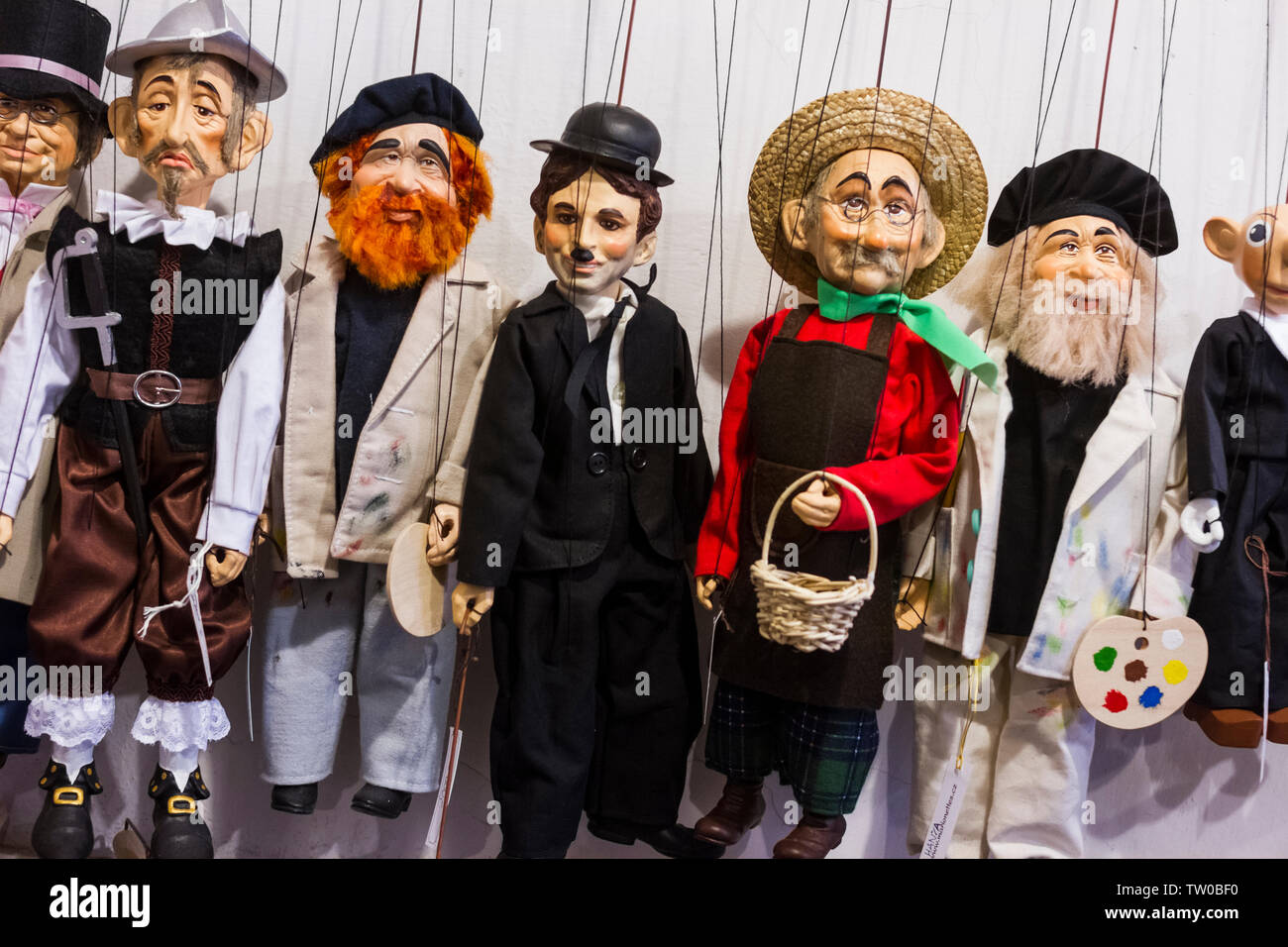 Burattini all'interno di un negozio di marionette a Praga e nella Repubblica Ceca. Foto Stock
