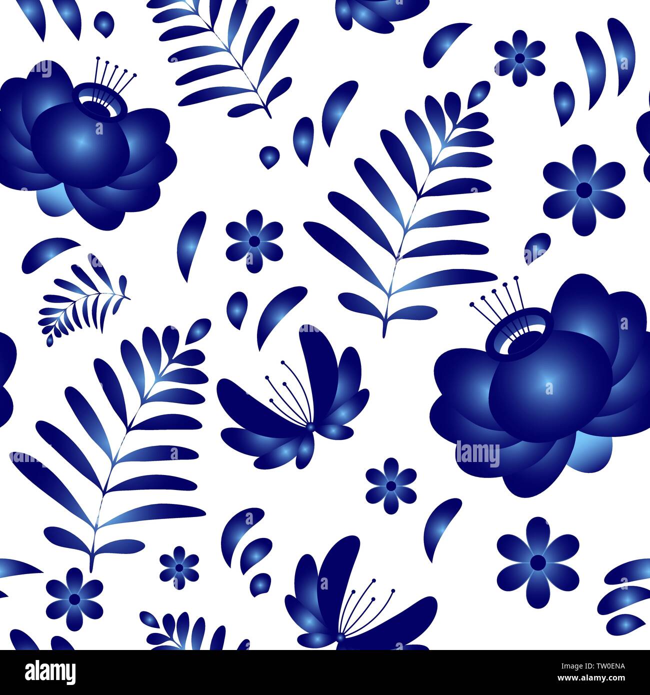 Fiore di vettore seamless pattern in background tradizionale russo Gzhel ornamento in ceramica Illustrazione Vettoriale