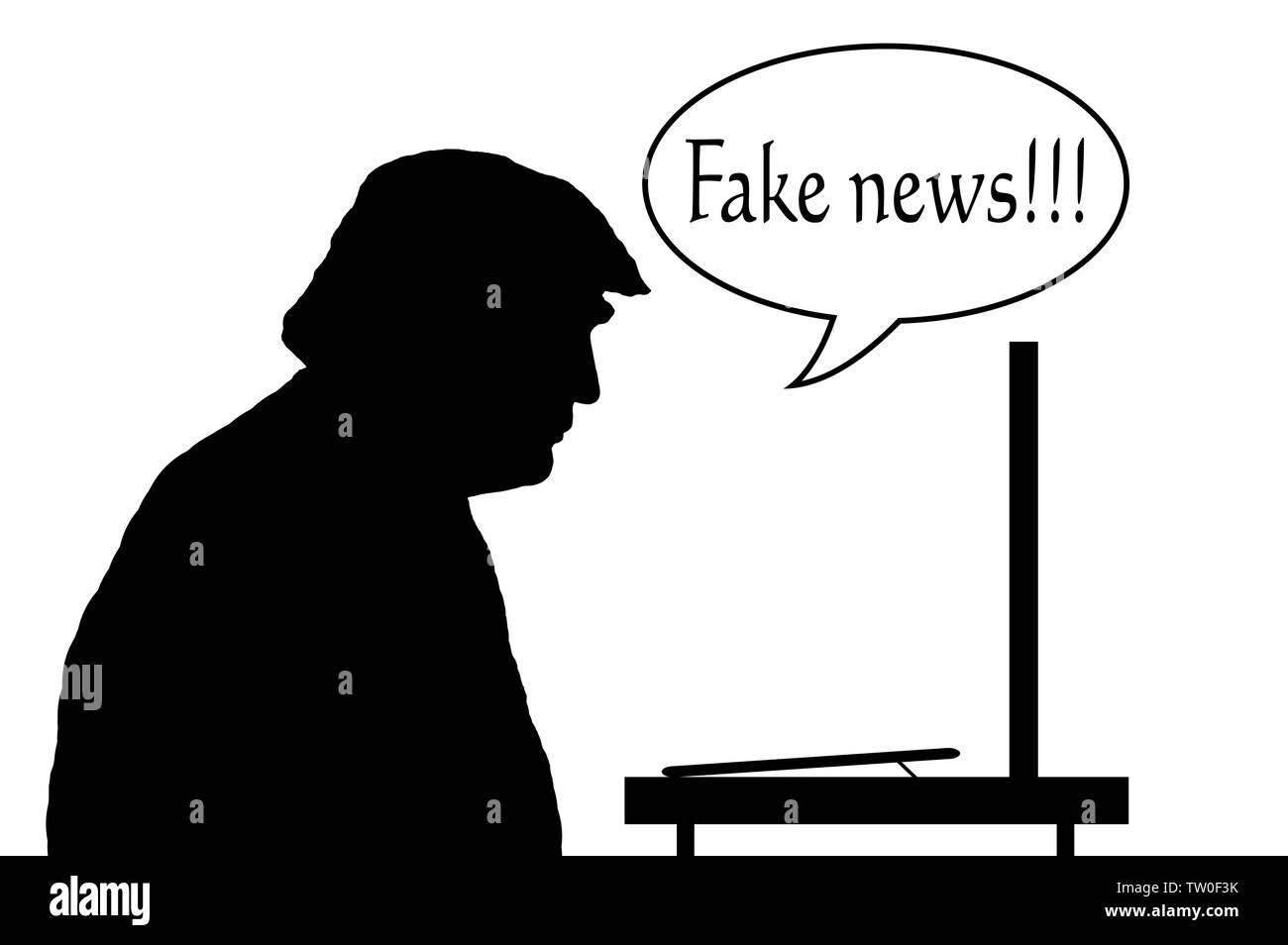 Illustrazione che mostra una silhouette del Presidente USA Trump sedersi per leggere le notizie sul monitor di un computer con un discorso bolla dicendo "Fake news'. Foto Stock