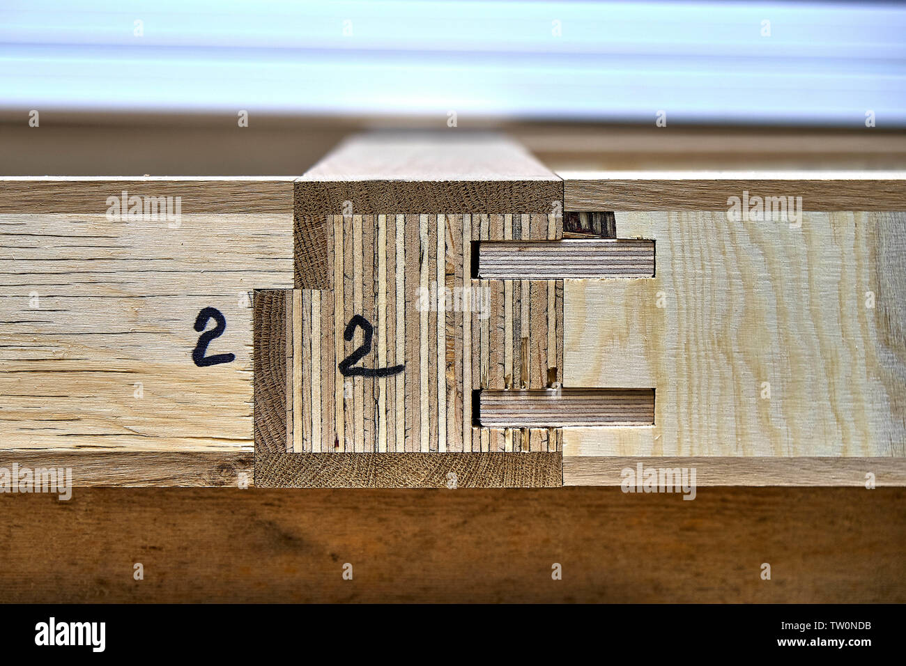 La porta di legno del processo di fabbricazione. Il telaio della porta. Macchine per la lavorazione del legno e la produzione di falegnameria. Fabbricazione di mobili. Close-up Foto Stock