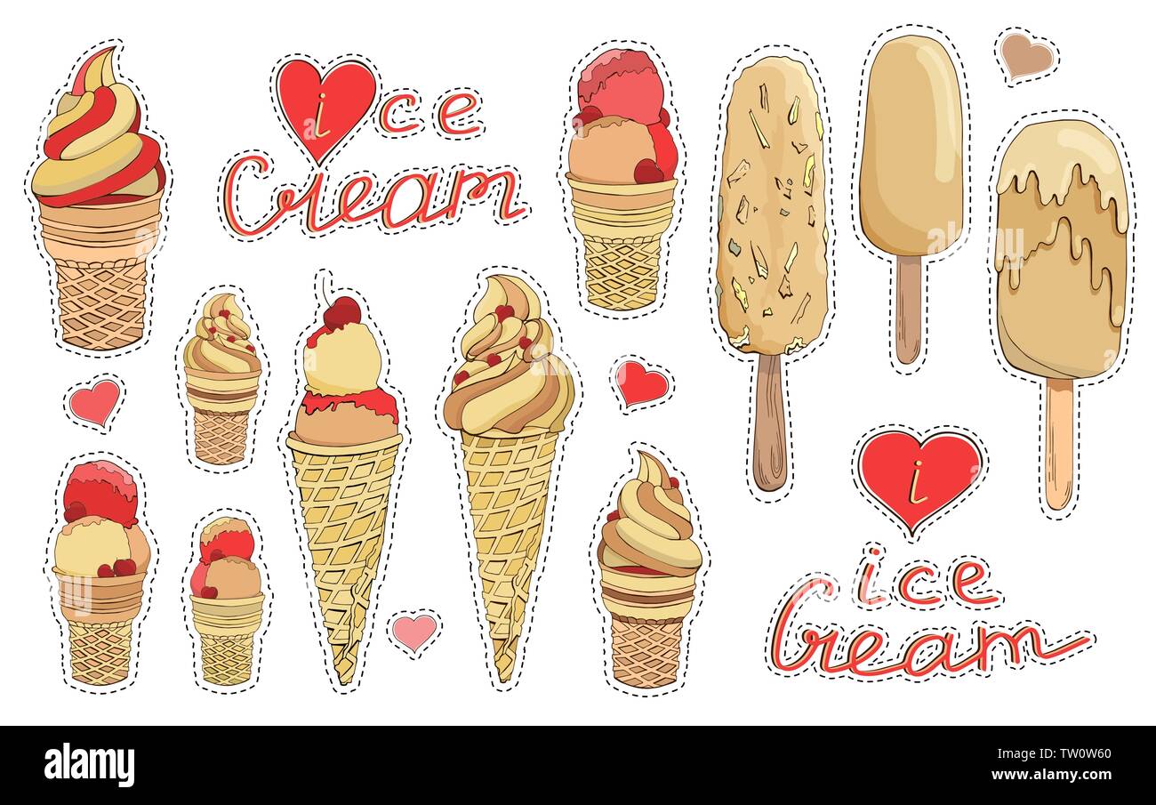 Set di vettore colorati adesivi o i badge con disegnati a mano il gelato in giallo rosso cremoso rose colori. Lettering. Gli elementi del vettore per il ristorante, bar Illustrazione Vettoriale