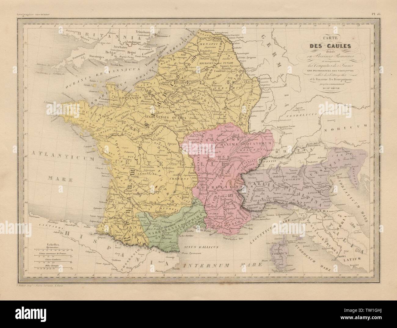 Gaules divisée en Province Romaines. Gallia romana. La Francia. MALTE-BRUN c1871 mappa Foto Stock