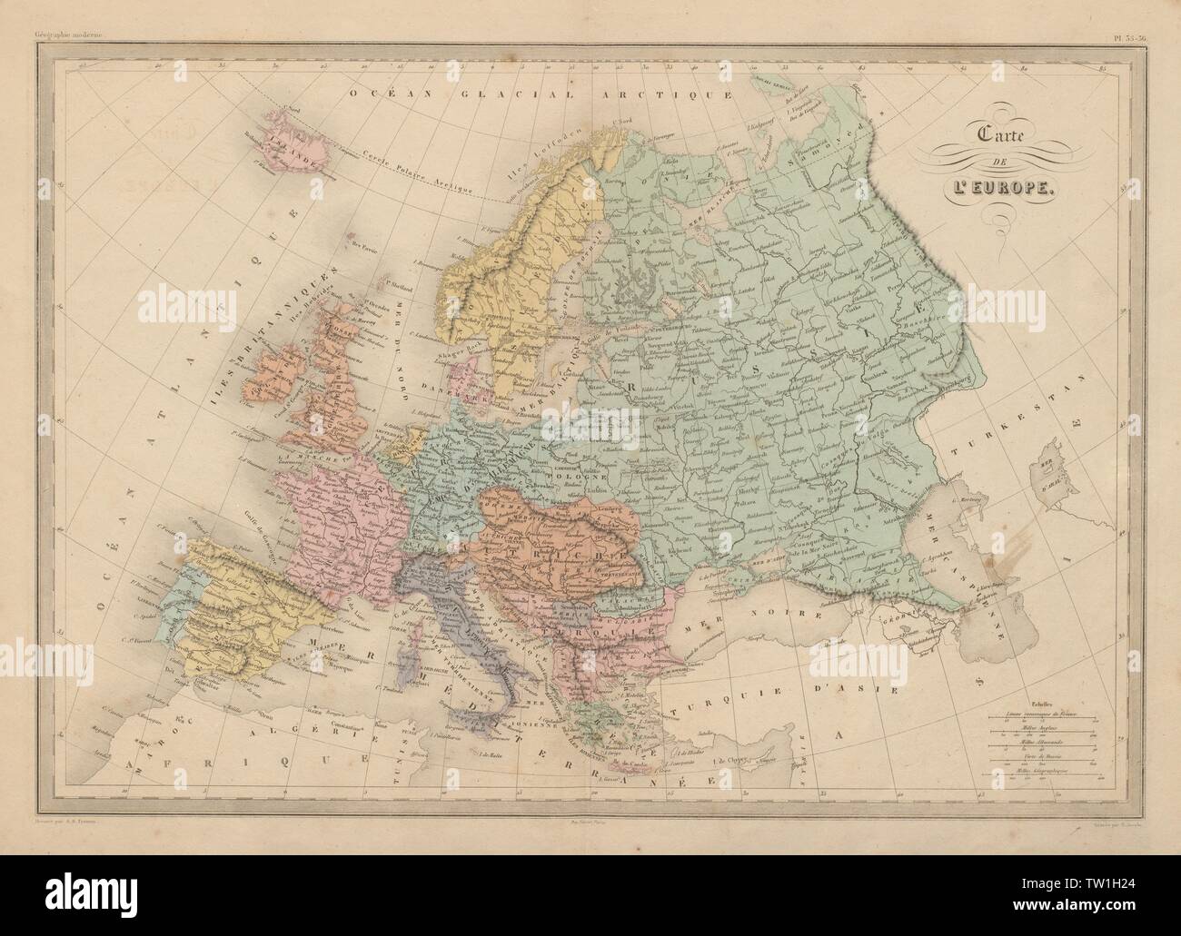 Carte de L'Europe. Mappa di Europa. MALTE-BRUN c1871 antichi grafico del piano Foto Stock
