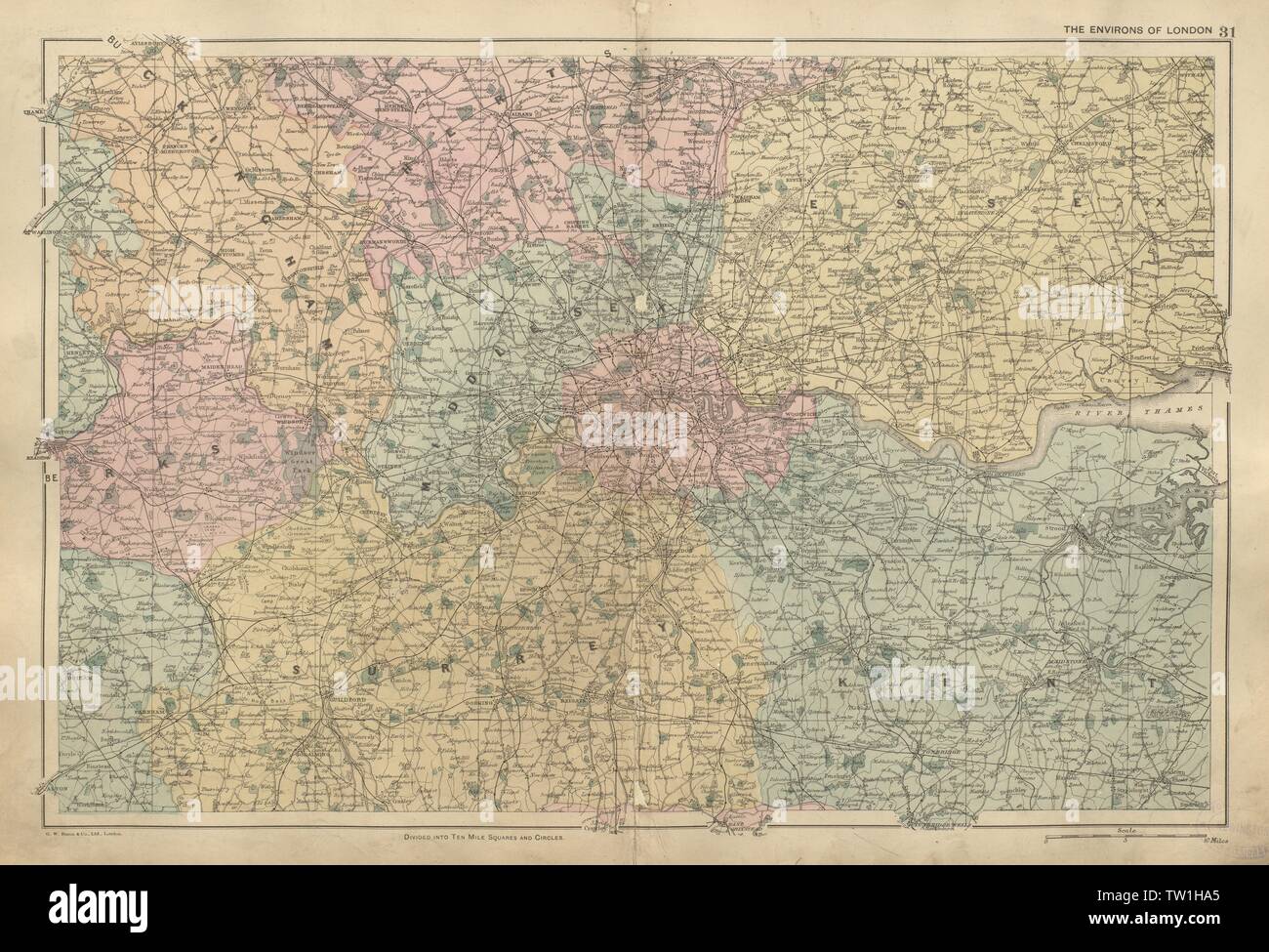 LONDON & Home Counties Middx Kent Essex Surrey Berks Bucks Herts BACON 1900 mappa Foto Stock